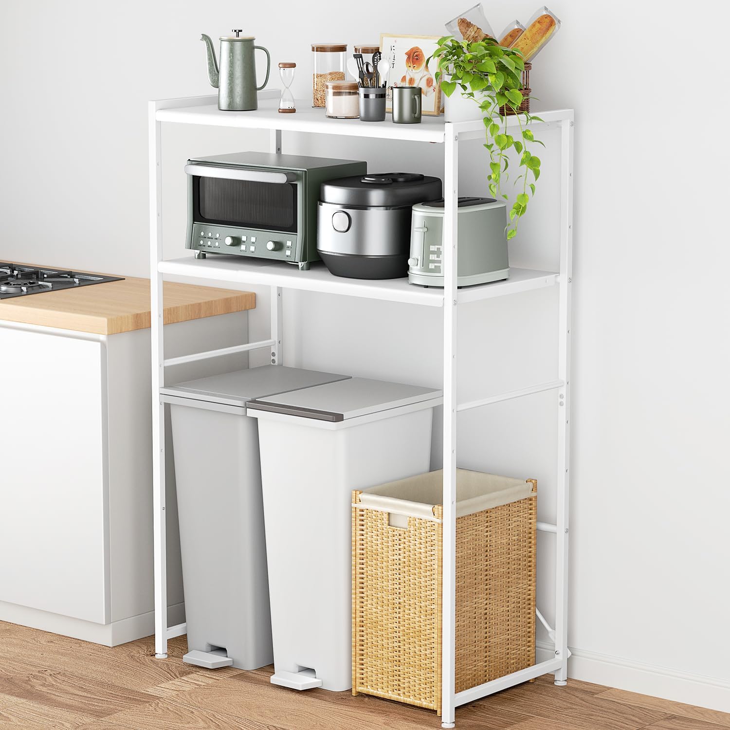 【幅伸縮可・上下調整可】ゴミ箱上ラック 電子レンジラック レンジ台 幅60～80cm 高さ8段階調整 トースター置き台 多機能 キッチンラック キッチンボード 収納棚 収納ラック レンジボード スチール スリム 冷蔵庫上ラック おしゃれ 北欧のサムネイル