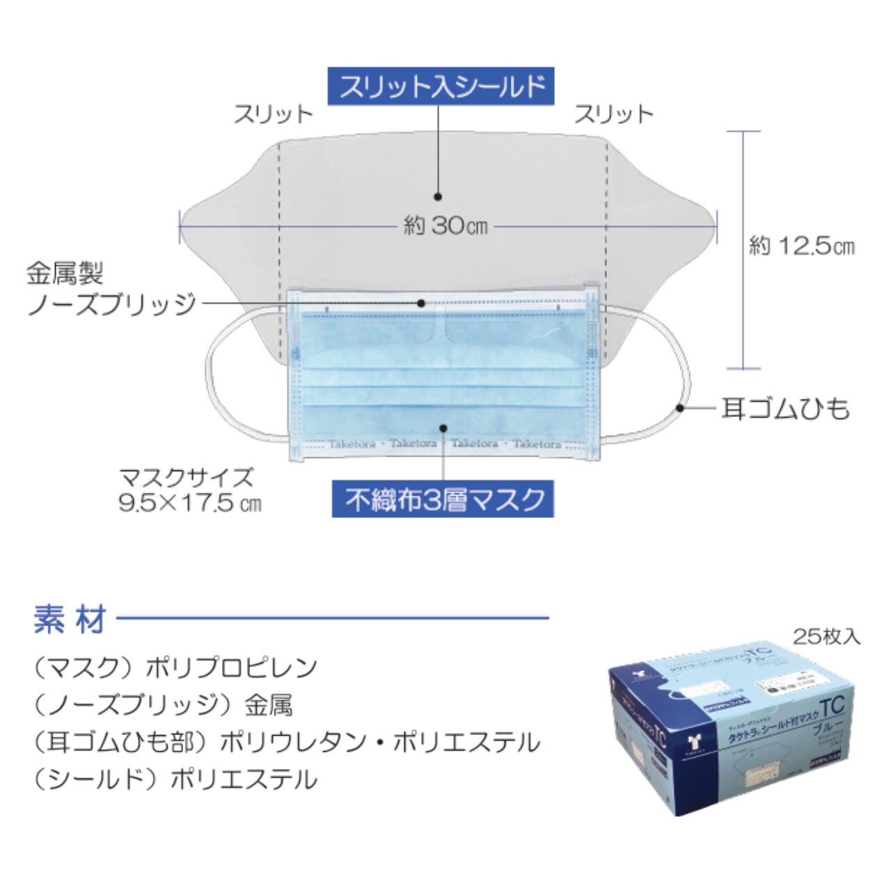 タケトラ シールド付マスクTC 竹虎 マスク ブルー 感染対策 感染予防 フェイスシールド 不織布 3層構造 BFE値99％フィルタ 看護 医療 介護 訪問看護 PFE値99％フィルタ くもり止め ポリプロピレン ポリウレタン ポリエステル ゴーグル 訪問看護