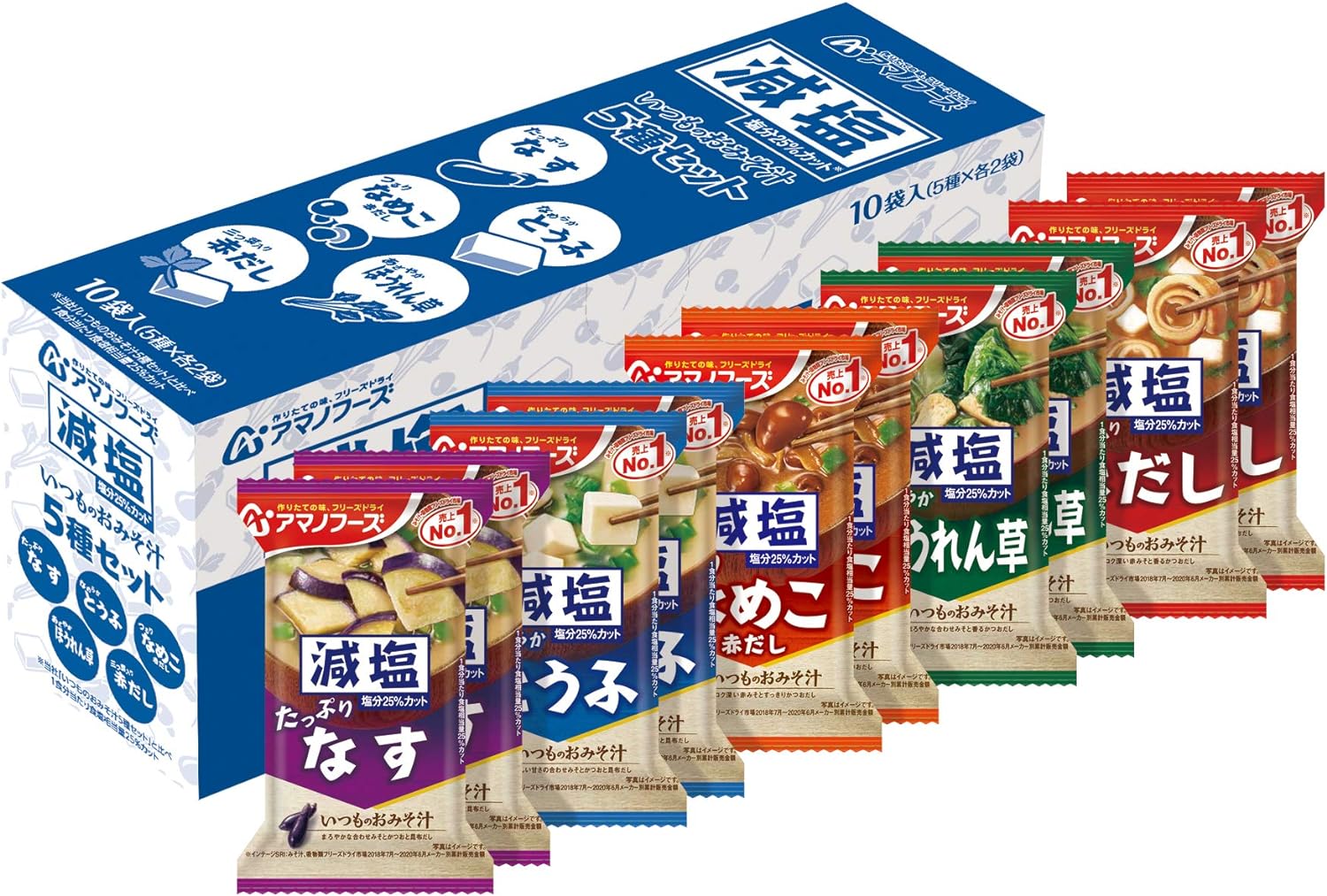 アマノフーズ 減塩いつものおみそ汁 10袋入り(5種各2袋)(赤だし、ほうれん草、豆腐、なす、赤だしなめこ)フリーズドライ 保存食 災害 備蓄 人気 食べ物 贈り物 常備食 非常食