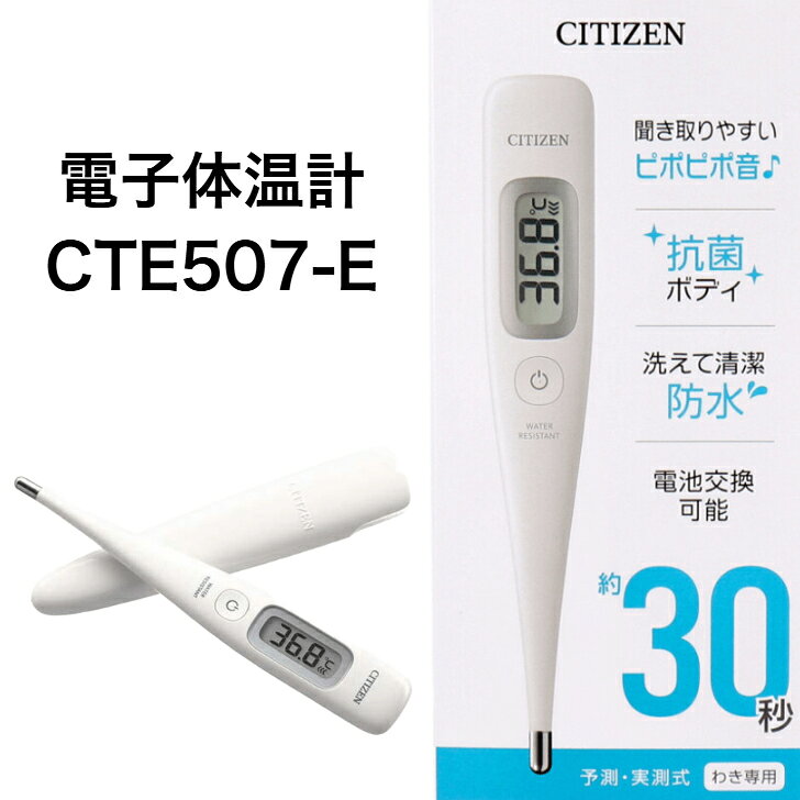 電子体温計 スタンダード 使いやすい CITIZEN シチズン CTE507-E 予測30秒+実測式 わき専用 抗菌・防水 CTE507-E 安心 安全 正確 電池交換可能 音でお知らせ オートパワーオフ ケース付き