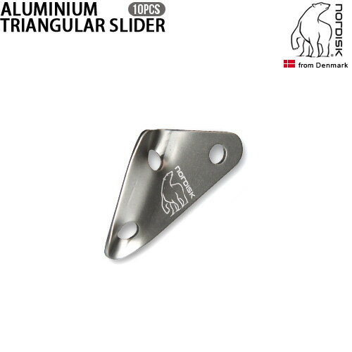 仕様【サイズ】 長さ：65mm 素材：アルミニウム 重量：8g(1個あたり) 10個セット注意事項モニターの発色によって色が異なって見える場合がございます。NORDISK ノルディスク Aluminium Triangular Slider滑らかなグリップで滑りやすい三角スライダー 三角形のアルミ製スライダーは操作が簡単で、3 穴構造のおかげでガイロープをしっかりとつかむことができます。スライダーはミニマルなデザインで、張力がかかった状態でガイロープを簡単に締められるように構成されています。スライダーは、持つ角度を調整することで簡単に外すことができます。頑丈な素材を選択することで超強力になり、大きなテントで高張力のガイロープを簡単に保持できます。5mmまでのガイロープにフィットし、ソフトエッジのデザインが手にしっくりと馴染みます。