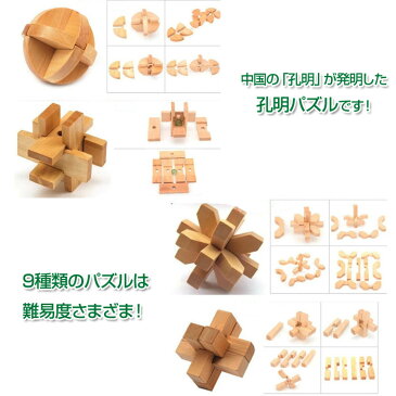 木製 立体 パズル 知育玩具 組立 積み木 カラクリ 創造力 思考力 頭の体操 知恵の輪 ボケ防止 孔明鎖 右脳 組み合わせ 推理力パズル 難易度 9個セット ◇FAM-ZL2013