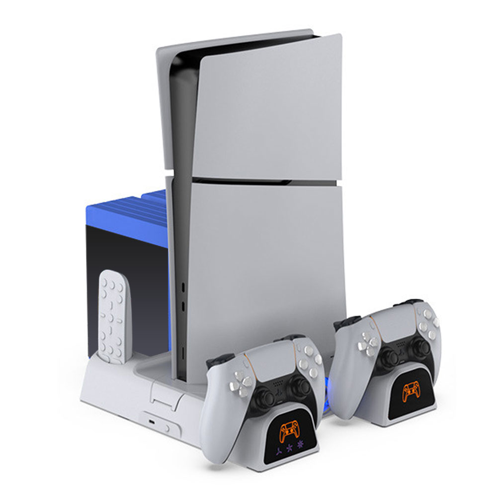 PS5 PS5Slim用 多機能縦置きスタンド 冷却ファン機能付き コントローラー 2台同時充電 パッケージ収納 11枚 プレイステーション5 新型 ゲーム アクセサリー 周辺機器 ◇FAM-TP5-3532B