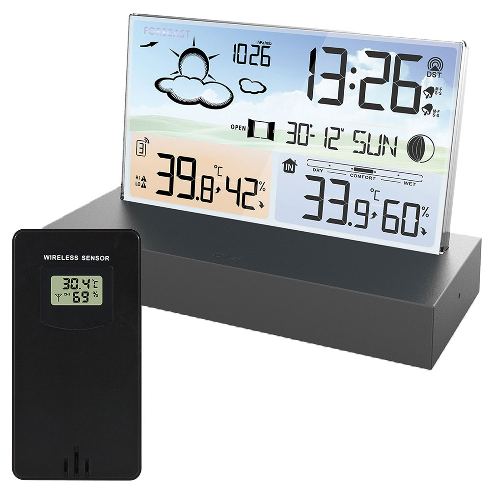 多機能 ワイヤレス 温湿度計 置き時計 温度計 室内 室外 気圧 天気予報 デジタル ガラス 時計 アラーム..