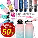 時間限定★2点購入と半額! メモリ付きウォーターボトル 1.5リットル 大容量 ウォーターボトル 1.5L 目盛り スポーツボトル 1500ml 直飲み 広口 洗いやすい 耐熱 目盛り付き ボトル ワンタッチ ストラップ フィルター 付き 軽量 BPAフリー プラスチック ジム