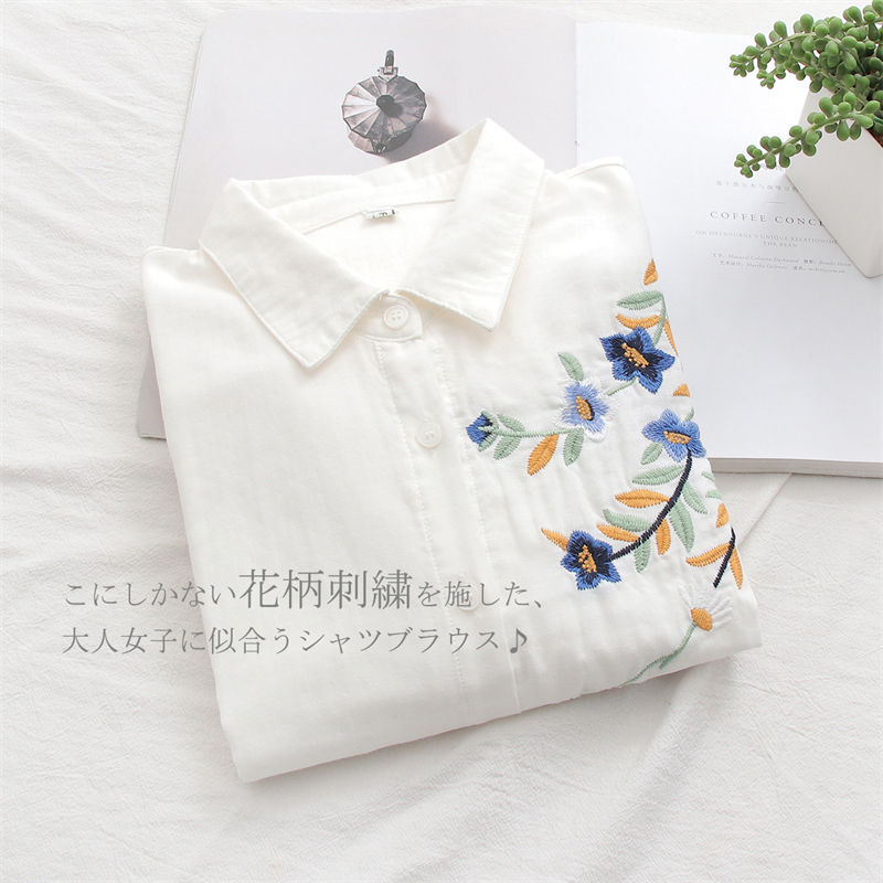 シャツ 刺繍 綿シャツ ホワイトシャツ レディース 長袖 ガーゼ 春 白シャツ コットン 通勤シャツ ブラウス トップス シャツブラウス 無地 ボタン留め 花柄 お洒落 ガーゼシャツ 長そで カットソー ホワイトシャツ 長袖 体型カバー シンプル 重ね着 通勤