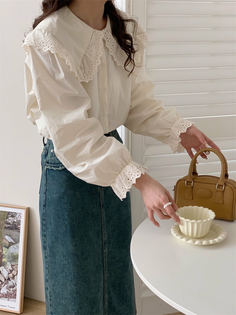 【春新作登場】シャツ 綿シャツ レディース トップス ブラウス 可愛い 無地 透かし彫り 長袖シャツ 春 フリル 綿 コットン 綿100％ 柔らかい シャツブラス アウター シンプル 通勤 ゆったり 学生 お洒落 かわいい 丸襟 フレア レイヤード 前開き 送料無料