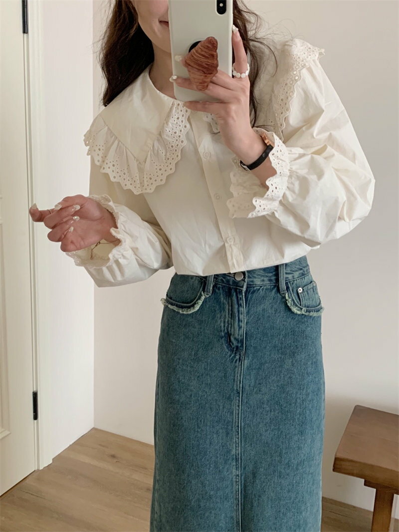 【春新作登場】シャツ 綿シャツ レディース トップス ブラウス 可愛い 無地 透かし彫り 長袖シャツ 春 フリル 綿 コットン 綿100％ 柔らかい シャツブラス アウター シンプル 通勤 ゆったり 学生 お洒落 かわいい 丸襟 フレア レイヤード 前開き 送料無料