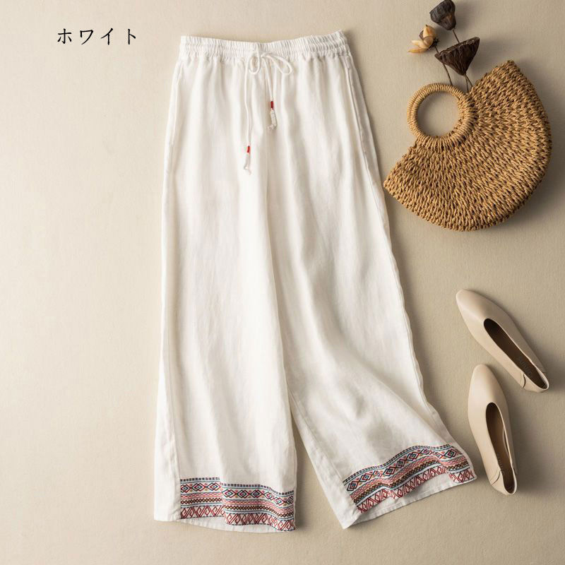 ワイドパンツ レディース パンツ 春 夏 綿麻 ロングパンツ ワイド ガウチョ パンツ...