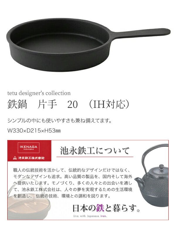 池永鉄工　tetu designer's collection　鉄鍋　片手　20　（IH対応）