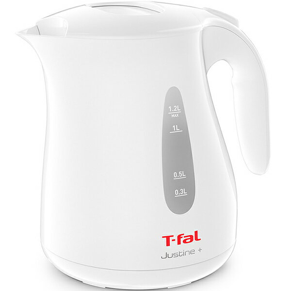 T-fal　ティファール ジャスティン　プラス　ホワイト　1.2LKO4901JP　電気ケトル 大容量なのに軽量、使いやすい。 用途が広がる1.2Lの定番ケトル。 軽くて大容量の「ジャスティン プラス シリーズ」がさらに使いやすくなりました。 【軽くて使いやすい1.2L大容量モデル】 カップ1杯分から最大約8杯分までのお湯が沸かせるファミリーにぴったりな大容量モデル。 パスタを茹でるなど、お料理などに使う大量のお湯も、ガスコンロをふさぐことなく素早く沸かせます。 【より注ぎやすく】 湯量をコントロールしやすいスリムな注ぎ口。 【より使いやすく】 人間工学に基づいた握りやすいハンドル形状。 【より見やすく】 従来品より大きく、ケトルの側面に窓を配置。 0.3Lの目盛りを新たに追加し、お湯の量がさらに見やすく。 【カップ1杯分(140ml)】 沸騰時間…約58秒（※1）、電気代…約0.54円（※2） ※1.水温・室温23℃の条件で、記載量が沸騰するまでの時間。沸騰後しばらくすると自動電源オフ機能が働きます。 ※2.電気代は1KWh/27円（税込）で計算。自動電源オフを基準にしています。 【その他の特長】 ・湯沸かし中がひと目でわかるパイロットランプ付 ・安心の自動電源オフ ・空焚き防止機能 製品サイズ（寸法） 幅 (mm):215 奥行き (mm):160 高さ (mm):210 重量 (g):1020 コードの長さ (m):1.3 容量 (L):1.2 性能（定格、製品仕様） 電圧（V):100 消費電力（W):1250 周波数（Hz):50/60 原産国 中国 広告文責 株式会社ルーマニア/03-5876-8107 【メーカー：ティファール】