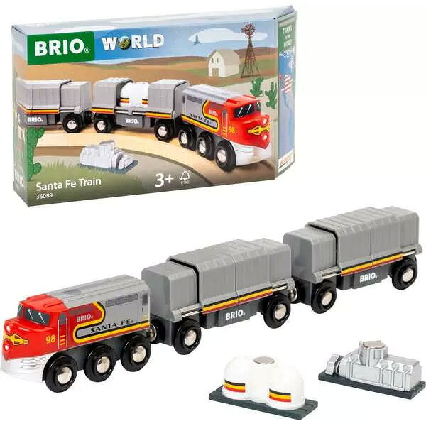BRIO　ブリオ 世界の鉄道シリーズ　サンタフェトレイン　36089 アメリカ最大の列車に乗ろう。 世界の鉄道シリーズ サンタフェトレインは、世界の鉄道シリーズの仲間です。この木製流線型の車両は、アイコニックな機関車1台、カーゴワゴン 2 台、貨物 2 個が入っています。塗装は1937年、当時のフラッグシップトレインである「スーパーチーフ」に初めて採用されたサンタフェの「ワーボネット」を使用。あらゆるトレインの中でも最も目立つ塗装の一つをで、誇らしげです。他の世界の鉄道シリーズもそろえて、有名な列車に乗って世界各国を旅しよう。 BRIO World について：BRIO World はお子さまとともに成長し、自由な発想を促すおもちゃです。BRIO World のおもちゃは互換性があるため、組み合わせて遊ぶことができ、思考力を高めるのに役立ちます。このトレインも、BRIO World の楽しい仲間のひとつ。手に取った瞬間から、想像力を膨らませる遊びが無限に広がります。 36089 世界の鉄道シリーズ サンタフェトレインは 5 ピース入り。木製機関車 1 台、カーゴワゴン 2 台、水貨物 1 個、シルバー貨物 1 個。 商品サイズ 5,00 x 30,60 x 3,50 cm ピース数 5 対象年齢 3歳〜 広告文責 株式会社ルーマニア/03-5876-8107 【メーカー：BRIO ブリオ】