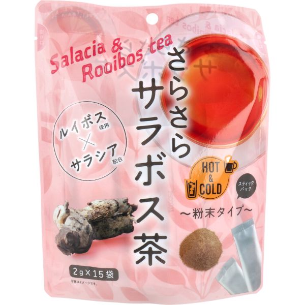 新日配薬品 さらさらサラボス茶　粉末タイプ　2g×15袋入 ルイボス×サラシア。 世界中で飲まれているすっきりした味わいのルイボス茶にサラシアをブレンドしました。 ●サラシアは、インド・スリランカなどを原産とする植物です。古くは、インドの伝統医学アーユルヴェーダにも用いられてきました。 ●健康維持にサラシアの持つ成分が注目を集めています。 ●ノンカフェインのため、就寝前やカフェインを気にする方でも気軽に楽しめます。 ●個包装スティックにパックしましたので、溶かすだけで簡単にお召し上がりいただけます。 ●忙しい時も粉末を量る手間がかからず、飲みたい時にすぐ飲めます。 ●すっきりしたい時はアイスで、体を温めたい時はホットでお楽しみください。 【栄養成分表示：1袋（2g）当たり】 エネルギー：5.82kcaL たんぱく質：0.00g 脂質：0.00g 炭水化物：1.94g －糖質：0.97g －食物繊維：0.97g 食塩相当量：0.01g （カフェイン：0.00mg） （この表示値は、目安です。） 【保存方法】 直射日光および高温多湿の場所を避けて保存してください。 【お召し上がり方】 1袋を150～200mL程度の水またはお湯によく溶かしてお召し上がりください。 【ご使用上の注意】 ・本品は食品ですので、お召し上がりいただく量や方法についての特別な定めはありません。 ・本品は農産物を使用しておりますので、収穫時期などにより色、味のばらつきがございますが、品質には問題ありません。 ・本品は食品でありますが、体調や体質によりまれに合わない場合があります。その場合は、ご使用をお控えください。 ・開封後は、お早めにお召し上がりください。 ・食生活は、主食、主菜、副菜を基本に、食事のバランスを。 商品名 新日配薬品　さらさらサラボス茶　粉末タイプ 内容量 30g（2g×15袋入） 原材料名 難消化性デキストリン（アメリカ製造）ルイボス茶エキスパウダー（ルイボス茶）サラシアエキスパウダー／環状オリゴ糖 広告文責 株式会社ルーマニア/03-5876-8107