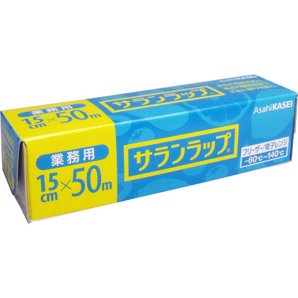 サランラップ　業務用　BOXタイプ　15cm×50m 密着性が良く、ハリ・コシがあって丈夫！ 高いバリア性と安心の耐冷性と耐熱性！ ●酸素を通しにくく、食品の変質を防ぎます。 ●水分を逃さず、新鮮さを保ちます。 ●耐熱温度は140度、耐冷温度は一60度。電子レンジ加熱から冷凍保存まで幅広く使えます。 ●香りを保ち、においを通しにくい構造です。 ●酸や塩分にも強いので、梅干し、レモン等を包むのに適しています。 【使用上の注意】 ・火気に近づけないでください。 ・油性の強い食品を直接包んで、電子レンジに入れないでください。 商品名 サランラップ　業務用　BOXタイプ 内容量 15cm×50m 原材料 ポリ塩化ビニリデン 添加物 脂肪酸誘導体（柔軟剤）、エポキシ化植物油（安定剤） 耐熱・耐冷温度 140度／-60度 生産国 日本 広告文責 株式会社ルーマニア/03-5876-8107