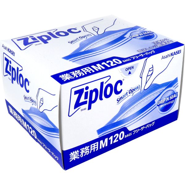 Ziploc ジップロック　フリーザーバッグ　お徳用　業務用　Mサイズ　120枚入 冷凍から電子レンジ解凍まで。 こだわりの「密封性」と、抜群の「使いやすさ」！ つまみとすべり止め加工で、開けやすい。 ●Wジッパー。 「パチパチ」閉まるウルトラジッパーと内側からは開きにくい密封ジッパーの2種類のジッパーで簡単・スムーズな開閉と高い密封性を両立しました。 ●Open Tabとグリッピングシールで開けやすい！ Open Tab部分に細かい凹凸がついて、冷凍庫から出した直後や、濡れた手でも素早く開けられます。 ●丈夫な素材で、冷凍から電子レンジ解凍までOK！ 厚手の素材なので、食材を酸化や乾燥からしっかり守ります。 冷凍保存から電子レンジ解凍まで、中身を移し替えずにそのまま使えます。 ●書き込みラベルが大きくセンターに。 書き込みラベルをセンターに配置したので、書き込んだ内容が一目で見やすくなりました。 冷凍保存する食材の整理や検食の保存に便利です。 ●肉や魚の冷凍保存・パンやご飯の冷凍保存・冷凍室の整理・電子レンジ解凍に。 ※必ずバッグの口を開けて解凍してください。 ●食品衛生法に基づいて定められた「食品、添加物等の規格基準」に適合しています。 【ご使用方法】 2本のジッパーに沿って端から端まで指でしっかり押さえて閉めてください。 【注意】 ★警告 ・本品を頭からかぶると窒息するおそれがありますので、乳幼児の手の届かないところに保管してください。 ★取り扱い上のご注意 ・オーブン、グリル、トースター機能、直火、鍋などでの煮沸には使用しない。 ・鍋に火をかけた状態での湯せんには使用しない。鍋肌に触れた部分が耐熱温度を超えるおそれがある。 ※火からおろしても鍋肌が高温の場合、鍋肌に触れるとバッグが溶けるおそれがある。 ・電子レンジ加熱には使用しない。 ・電子レンジで解凍の際は、ジッパーの一部を開けて解凍する。油分の多い食品(カレー、シチューなど)は耐熱温度を超えると溶けて穴が開くおそれがあるので、電子レンジでは解凍しない。自然解凍や流水解凍をおすすめする。 ・火のそばに置かない。 ・ガスコンロ、オーブン、トースターなど熱源に近づけたり、温度が高くなるところで保管しない。バッグどうしがくっつくおそれがある。 ・液状のものを保存する場合は、8分目以下にする。 ・液状のものを入れて横置きする場合や解凍する場合は、液体がもれるおそれがあるので受け皿などを使用する。 ・液体を入れて持ち運ばない。 ・廃棄時は各自治体の定める方法に従う。 ★おことわり ・ポリエチレンを加工した際に生じるにおいが製品に残っている場合があります。また、袋の部分に色がついていることがあります。 商品名 Ziploc　ジップロック　フリーザーバッグ　お徳用　業務用　Mサイズ 内容量 120枚入 原料樹脂 ポリエチレン 仕様 耐熱温度：100度 耐冷温度：-70度 寸法（外形）：縦189mm×横177mm（縦：ジッパー部より下） 厚さ：0.06mm 製造国 タイ 広告文責 株式会社ルーマニア/03-5876-8107