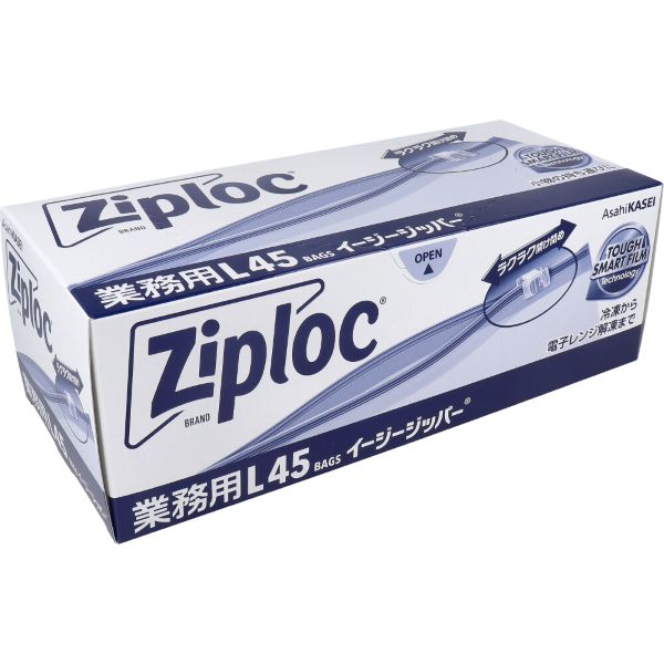 Ziploc ジップロック　イージージッパー　業務用　Lサイズ　45枚入 冷凍から電子レンジ解凍まで。 スライド式ジッパーだから開け閉め簡単！ ●スライド式ジッパーなので、濡れた手やゴム手袋をしていても簡単、確実、素早く開け閉めできます。 ●フィルムが変わって、強度がアップ。鋭利なものを入れても破れにくくなりました。 ●冷凍保存から電子レンジ解凍まで使えます。 ●日付や内容物の書き込みスペースがあります。 ●耐熱温度は80度、耐冷温度は-70度です。 【注意】 ★警告 ・本品を頭からかぶると窒息するおそれがありますので、 乳幼児の手の届かないところに保管してください。 ★取り扱い上のご注意 ・ジッパー部ツマミが外れた場合、誤って飲み込むおそれがあるので、乳幼児の手の届かないところに保管する。 ・オープン、グリル、トースター機能、 直火、 鍋などでの煮沸には使用しない。 ・耐熱温度を超える温度での湯せんに使用しない。 ・電子レンジ加熱には使用しない。 ・電子レンジで解凍の際は、ジッパーの一部を開けて解凍する。油分の多い食品(カレー、シチューなど)は耐熱温度を超えると溶けて穴が開くおそれがあるので、電子レンジでは解凍しない。自然解凍や流水解凍をおすすめする。 ・火のそばに置かない。 ・ガスコンロ、オーブン、トースターなど熱源に近づけたり、温度が高くなるところで保管しない。バッグどうしがくっつくおそれがある。 ・袋の中にものを入れすぎた状態でジッパーを閉めると、無理な力がかかり、袋が破れるおそれがある。 ・液状のものを保存する場合は、8分目以下にする。 ・液状のものを入れて横置きする場合や解凍する場合は、液体がもれるおそれがあるので受け皿などを使用する。 ・液体を入れて持ち運ばない。 ・廃棄時は各自治体の定める方法に従う。 ★おことわり ・ポリエチレンを加工した際に生じるにおいが製品に残っている場合があります。また、袋の部分に色がついていることがあります。 ★食品衛生法に基づいて定められた「食品、添加物等の規格基準」に適合しています。 商品名 Ziploc　ジップロック　イージージッパー　業務用　Lサイズ 内容量 45枚入 原料樹脂 袋本体：ポリエチレン ジッパー部ツマミ：ポリプロピレン 仕様 耐熱温度：80度 耐冷温度：-70度 寸法(外形)：縦279mm×横268mm（縦：ジッパー部より下） 厚さ：0.07mm 製造国 メキシコ 広告文責 株式会社ルーマニア/03-5876-8107
