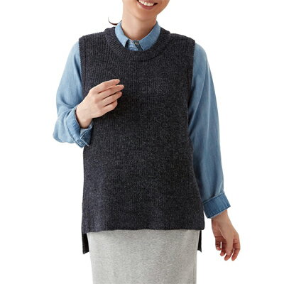 セルヴァン ゆったり暖かクルーネックベスト ネイビー 軽い 柔らか素材 ロングシーズン