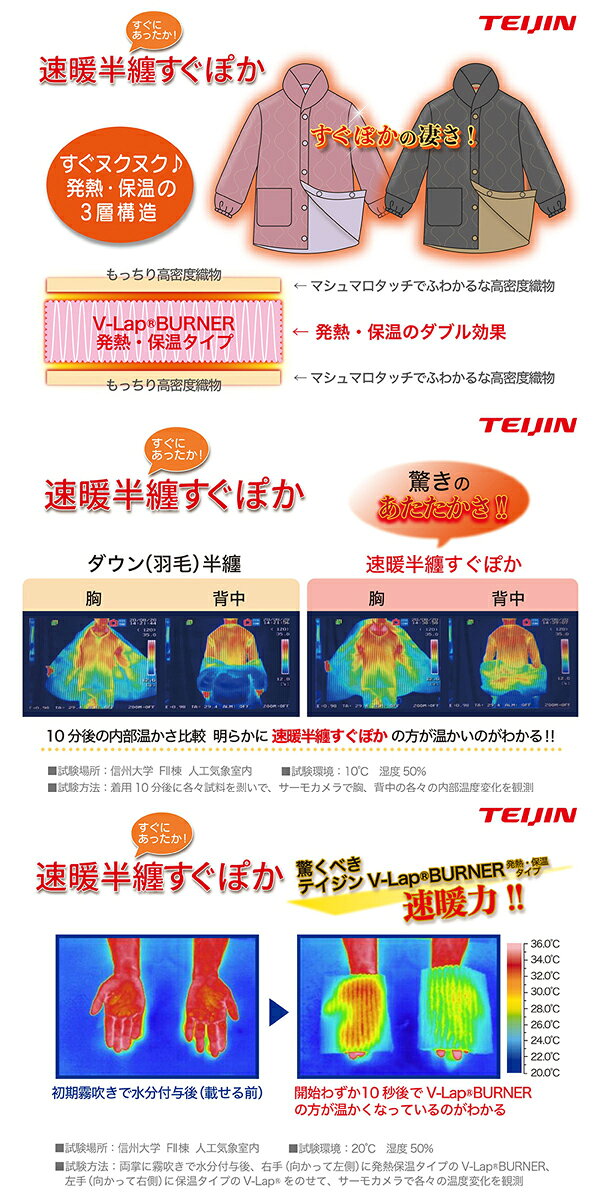 テイジン　速暖すぐぽか半纏リバーシブル　防寒　吸湿発熱繊維　超軽量