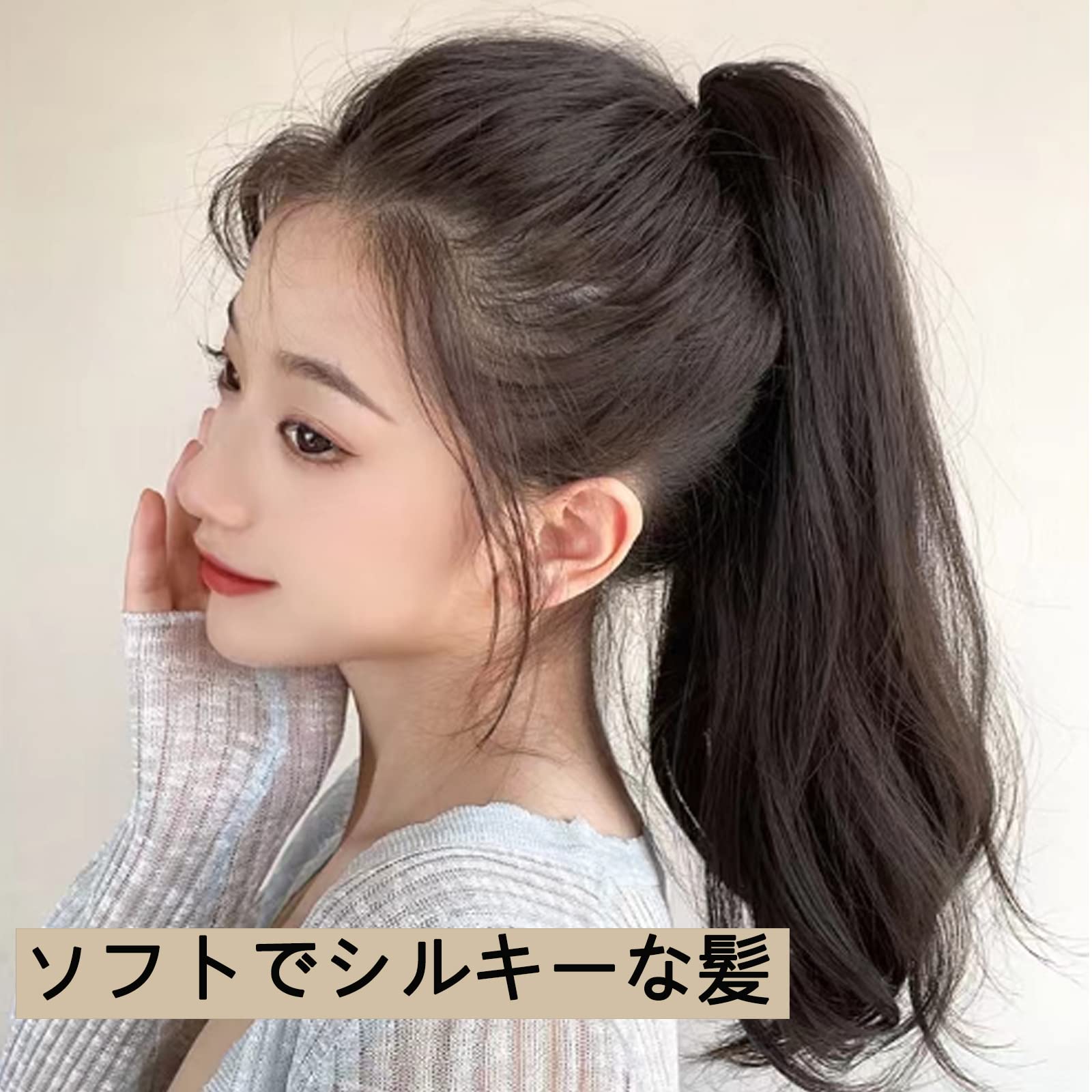 HAPVITAL ポニーテール ウィッグ ロング クリップ 女性 かつら ウェイブ ポイントウィッグ カール エクステ ふわふわ巻き髪 wig ナチュラル 小顔効果 巻き髪 リボン付き エクステ ロング (ブラック)