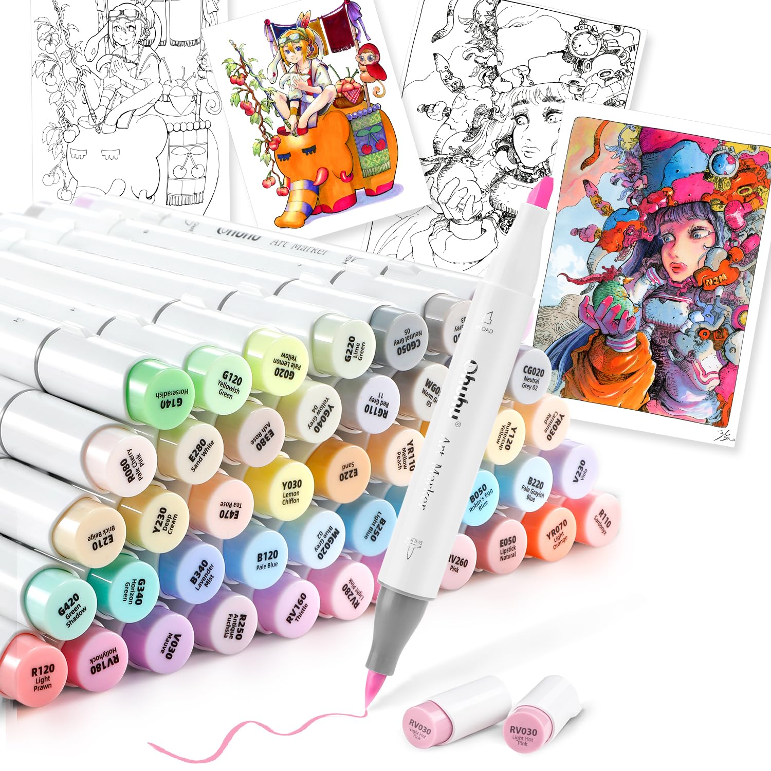 Ohuhu マーカーペン 筆タイプ 48薄色 プロ愛用 パステル イラスト イラストマーカー 筆・太字 ブレンダーペン1本付き Honolulu シリーズのサムネイル