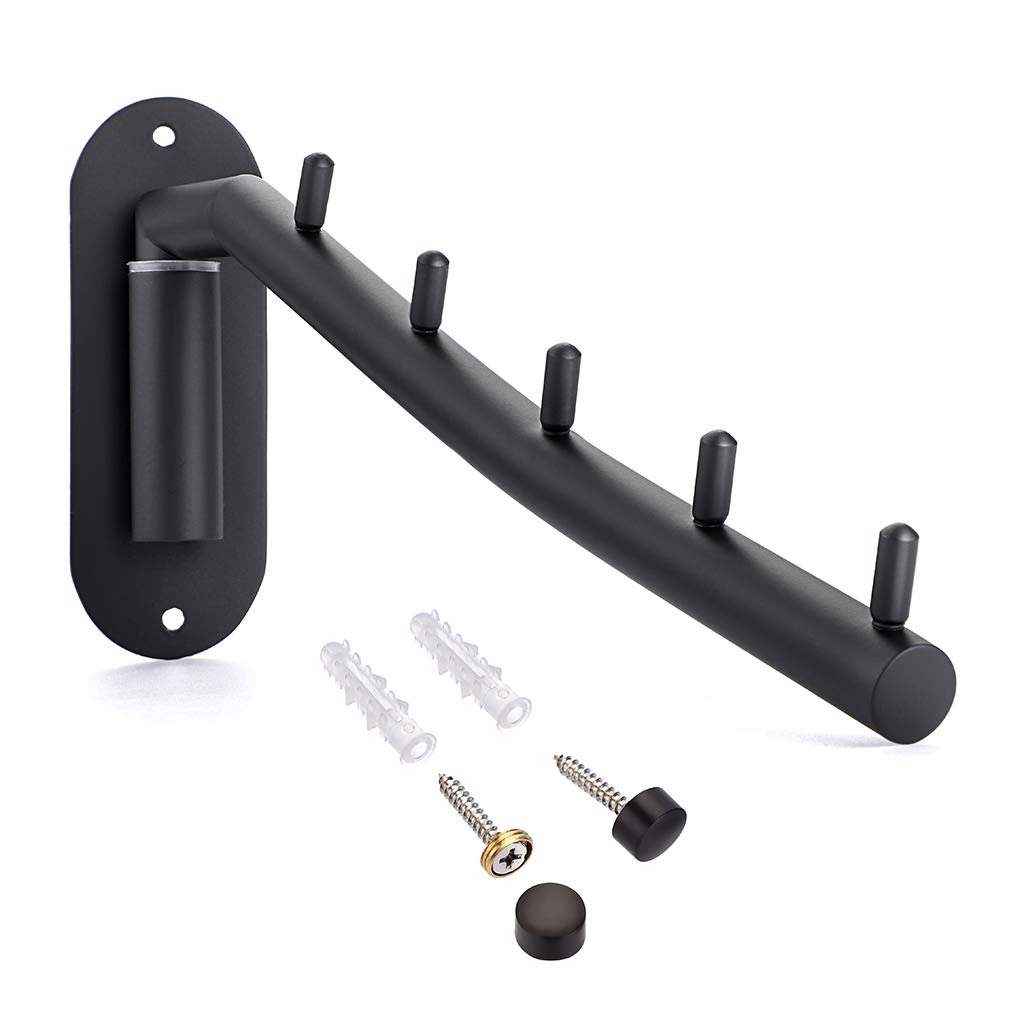 Sumnacon 折り畳み 壁掛けハンガーラック ウォールハンガー 壁掛けフック 5連 ステンレス 180度 角度調整可能 省スペース トイレ キッチン 寝室 屋外 ブラック(1個セット)