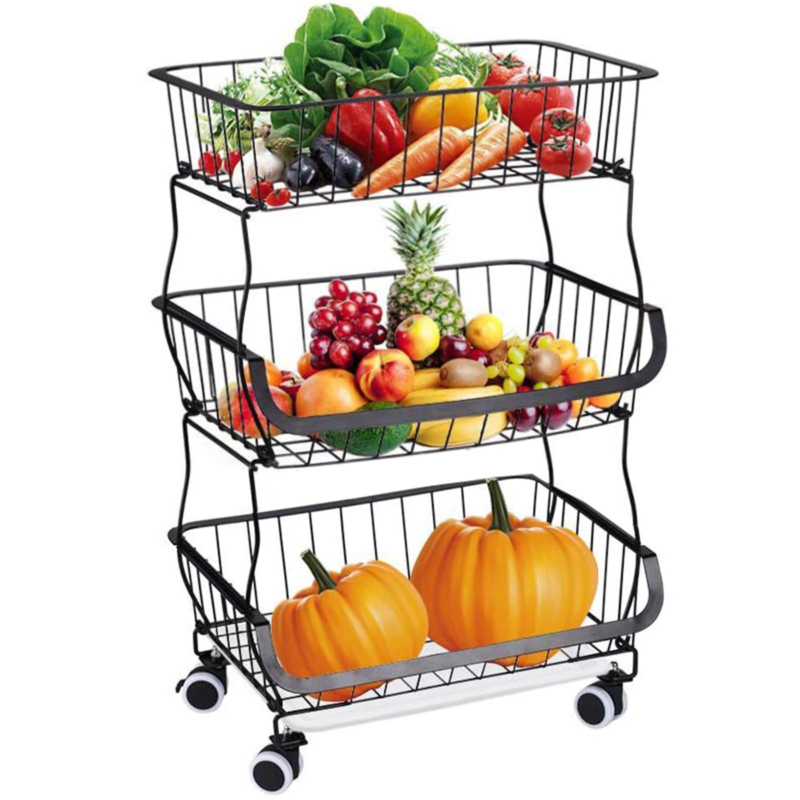 BQKOZFIN スタッキングバスケット キッチンワゴン 収納カート 3段 ワイヤーバスケット 果物と野菜の保管 多機能収納バスケット キャスターとパッド付き ブラック