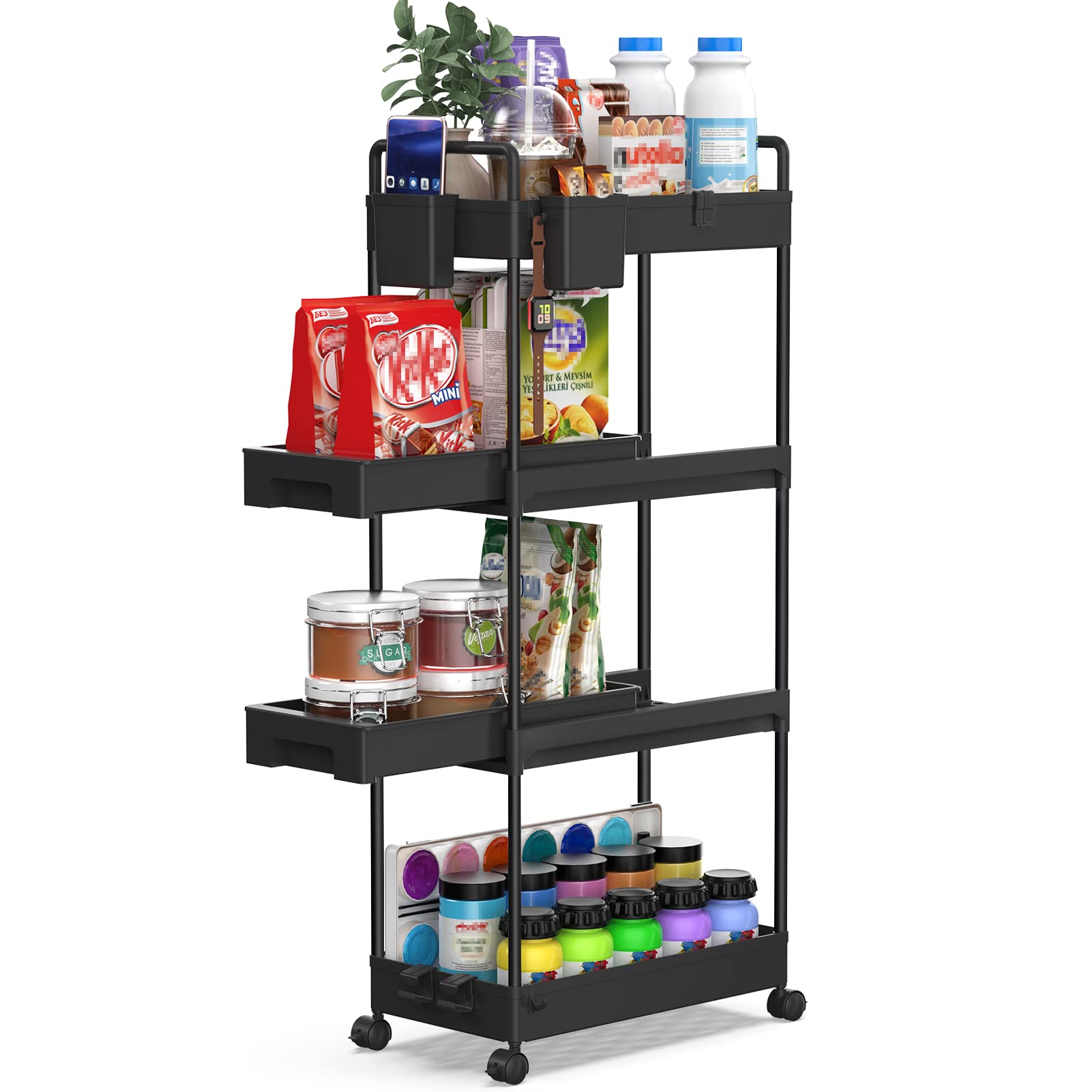 SPACEKEEPER キッチンワゴン 隙間収納 スリム 22cm 収納カップ 仕切板付き 多機能 小物 食品 調味料 キャスター付き 組立簡単 浴室 台所 冷蔵庫横 4段 ブラック (引き出し式)