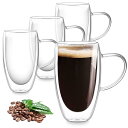 TeamSky ダブルウォール グラス 350ml 4個セット 耐熱 コーヒーグラス 二重構造 コップ 保温 保冷 透明 断熱 結露しないコップ ティーカップ ...