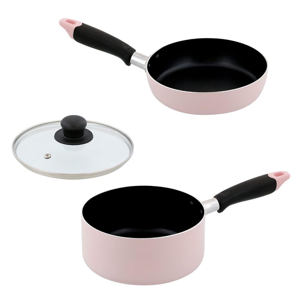ベストコ IH ガス火対応 フライパン 片手鍋 ガラス蓋 3点セット ピンク NQ-0231 カリーノ