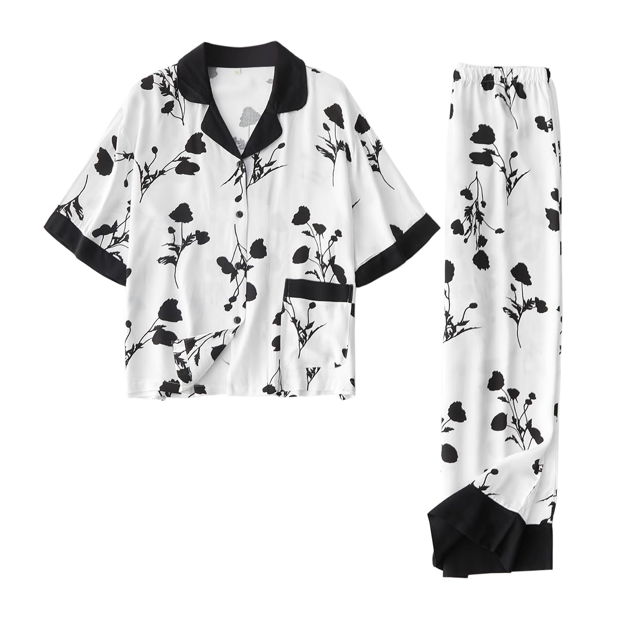[Euyqs] パジャマ レーヨンサテン レディース ルームウェア 上下セット 半袖トップパンツ (花柄-ブラック, XL)