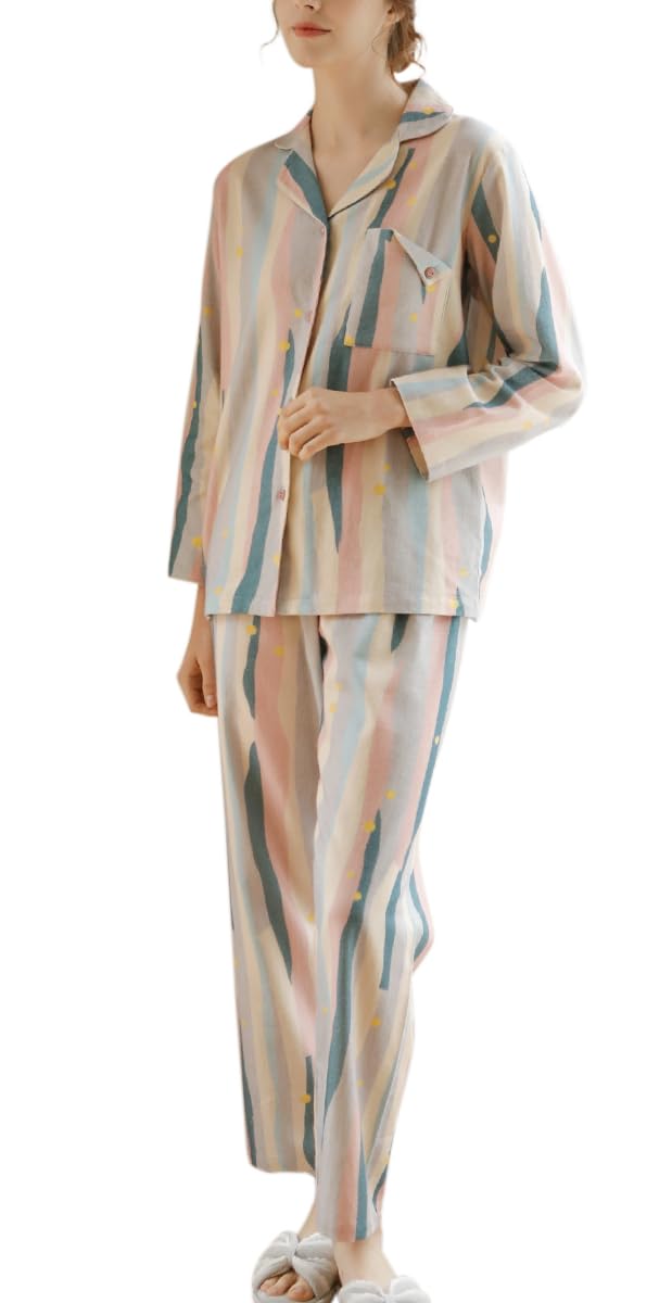[Euyqs] パジャマ レーヨンサテン レディース カーディガン長袖 ルームワンピース ルームウェア (ボーダー/カラー, L)
