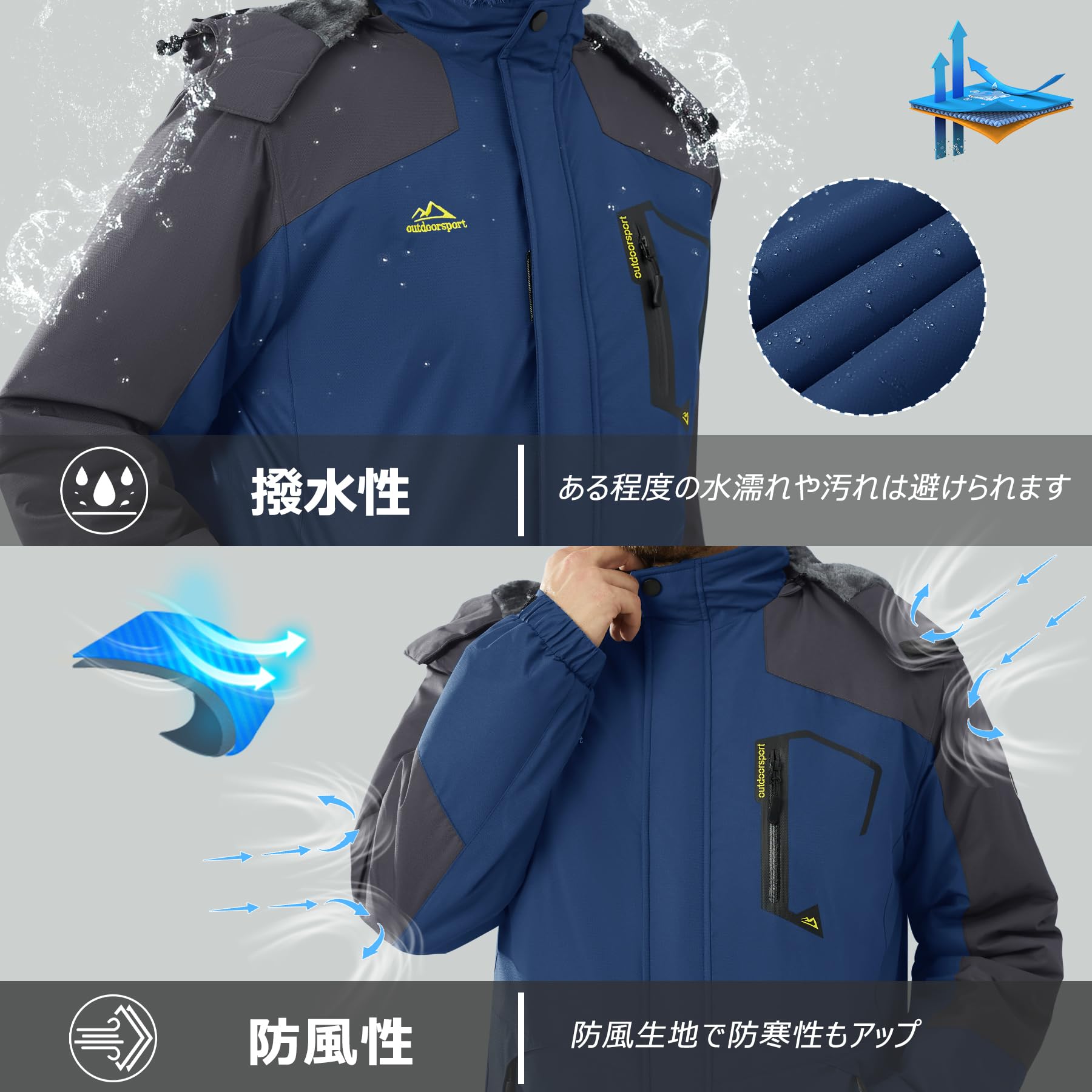 [KEFITEVD] 防寒ジャケット メンズ 裏起毛 ウィンドブレーカー 暖かい アウトドアジャケット 防撥水 クライミングジャケット バイクウエア キャンプ 登山着 紺 ネイビー JP M
