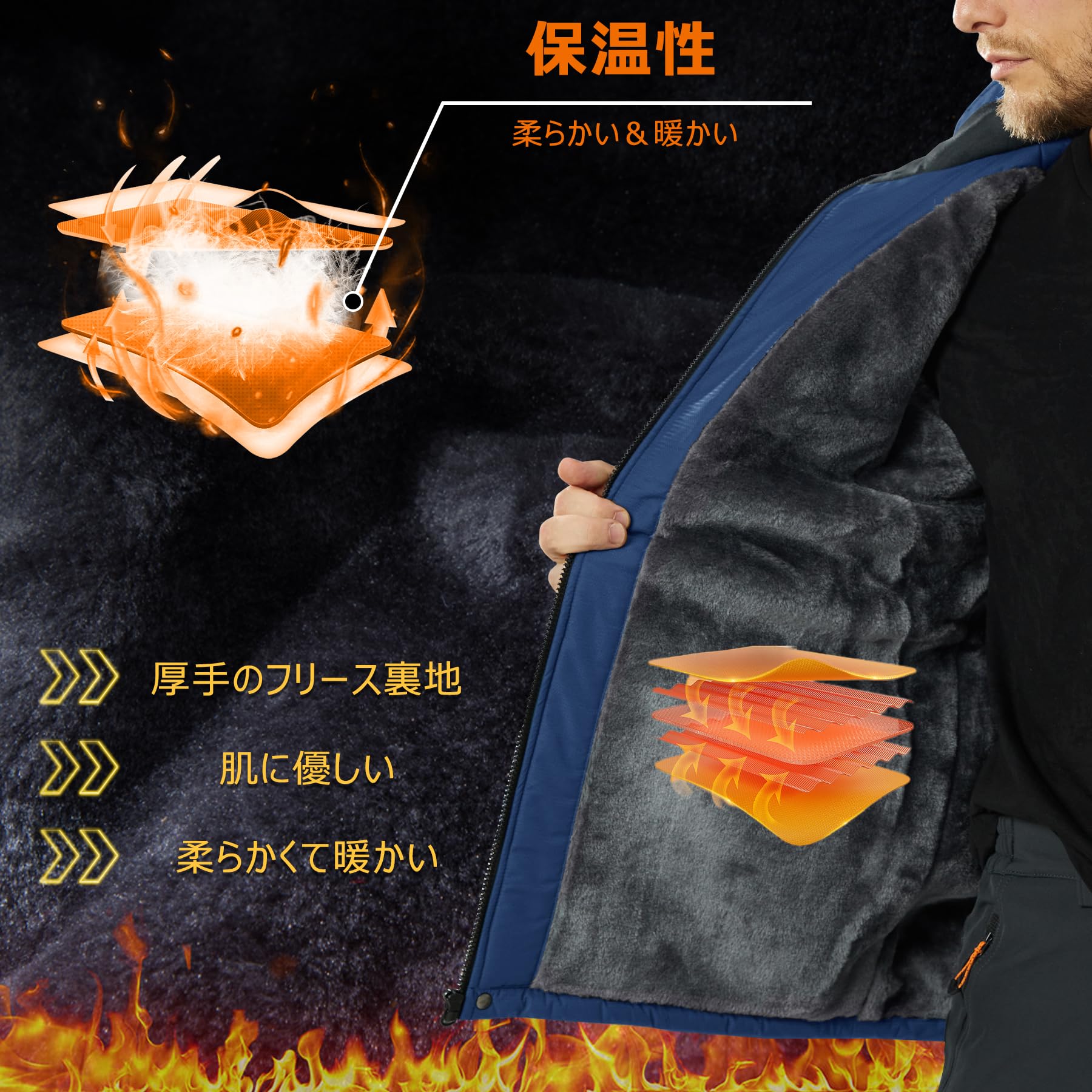 [KEFITEVD] 防寒ジャケット メンズ 裏起毛 ウィンドブレーカー 暖かい アウトドアジャケット 防撥水 クライミングジャケット バイクウエア キャンプ 登山着 紺 ネイビー JP M
