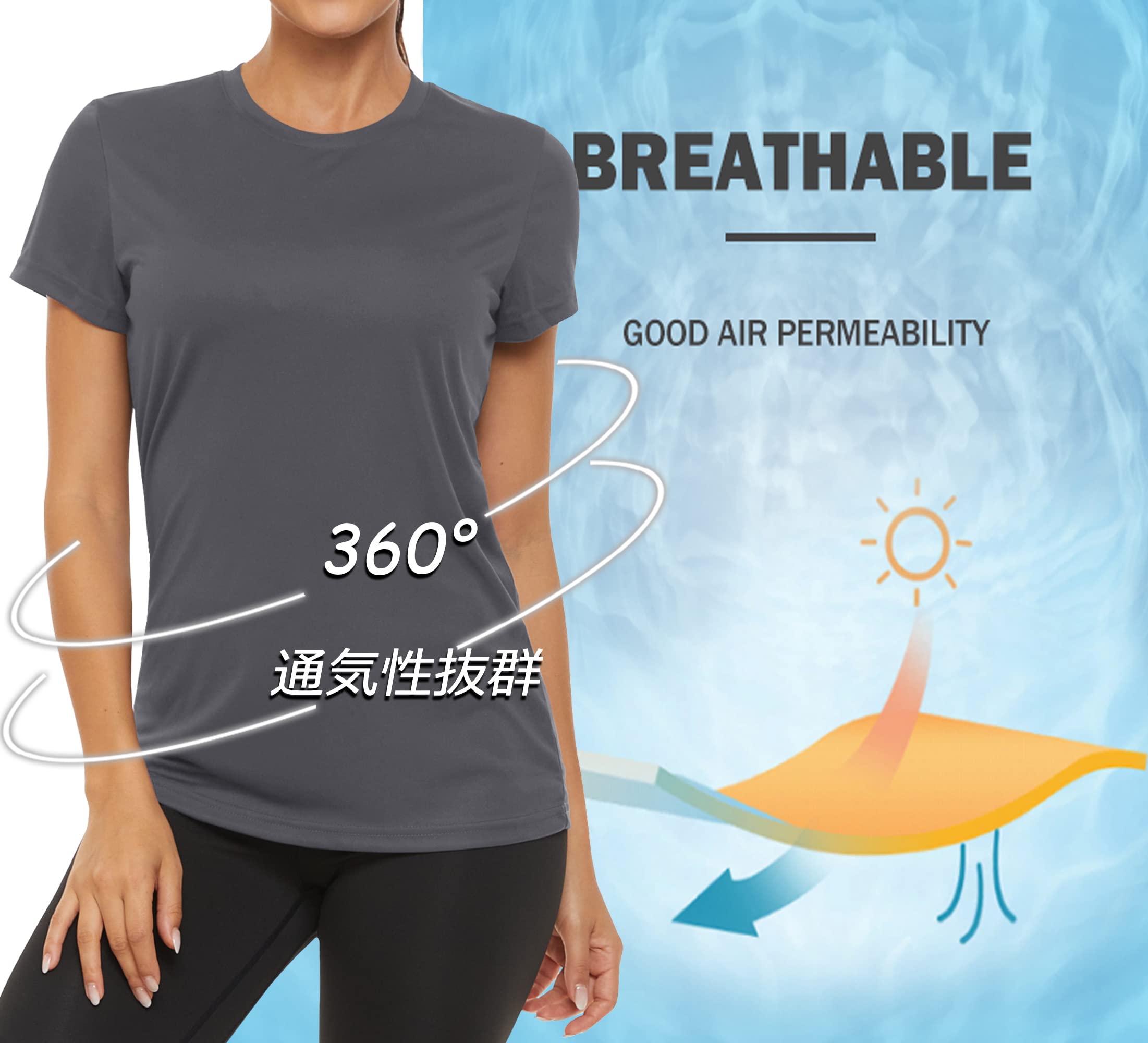 [KEFITEVD] ジムtシャツ レディース ストレッチ スポーツtシャツ 半袖 フィットネス トレッキング カジュアル アクティブシャツ アウトドア ダークグレー XL