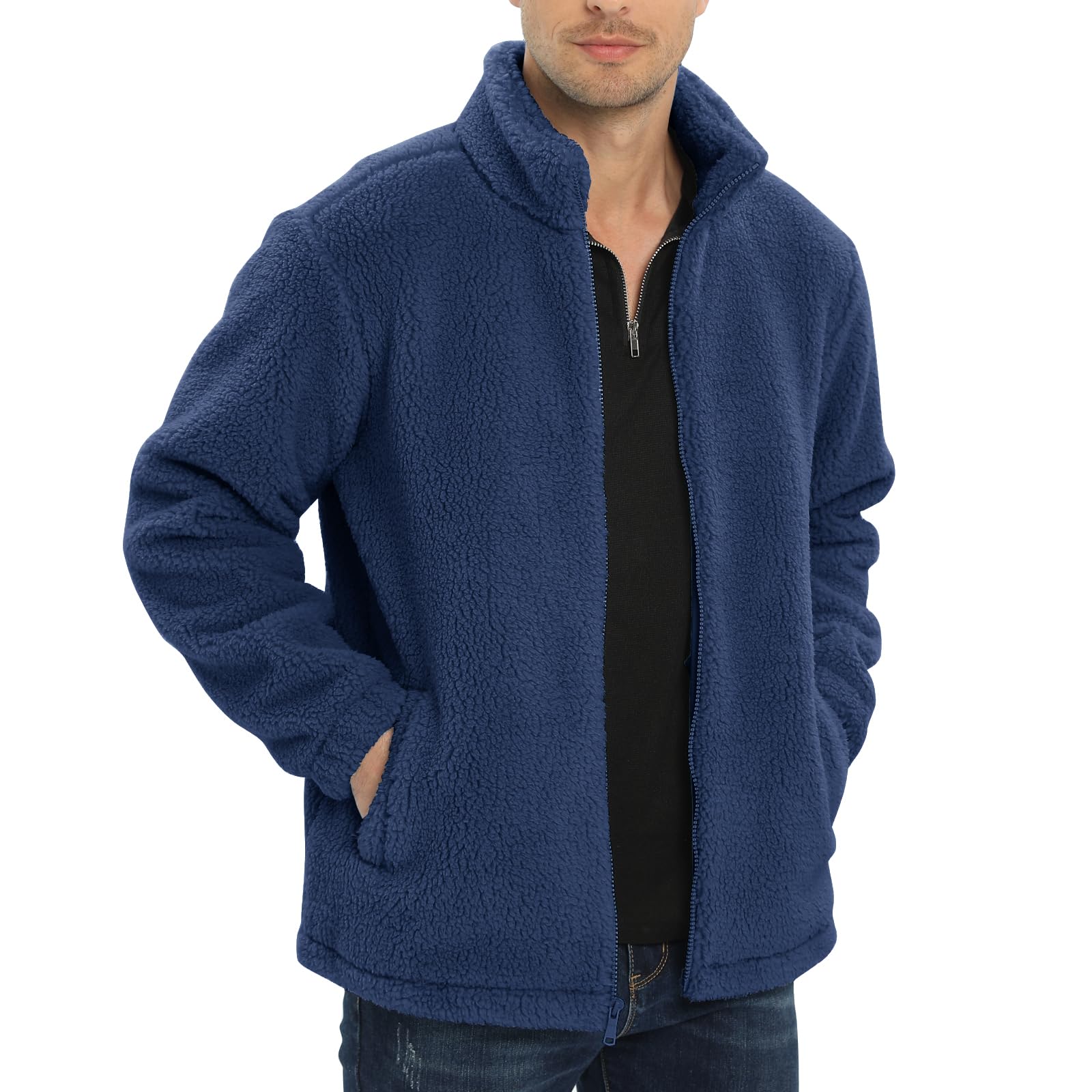[KEFITEVD] アウター メンズ フリースジャケット 防寒 ブルゾン 作業着 大きいサイズ 部屋着 無地 暖かい カジュアルジャケット ボア フルジップ 上着 モコモコ ダークブルー 2XL