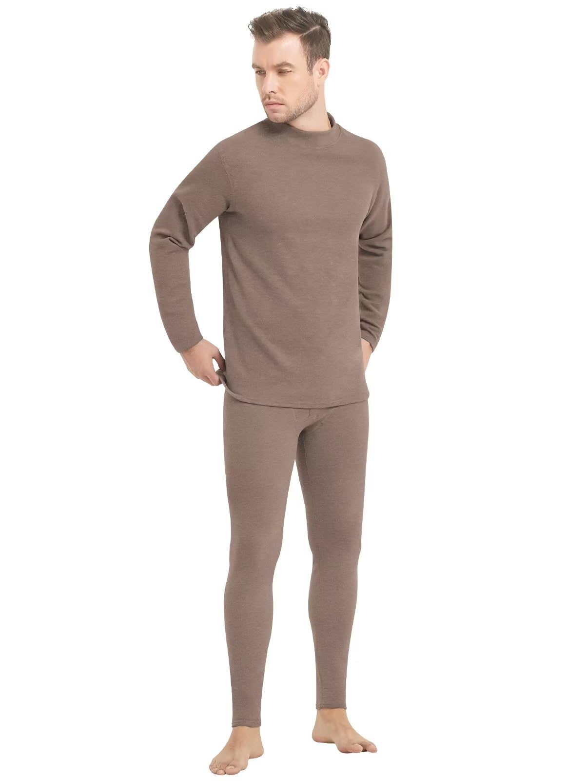 [Sillictor] 防寒インナー メンズ 上下セット 裏起毛 ハイネック あったかインナー 上下 アンダーシャツ + 前開き ロングタイツ 保温 インナーウェア 【ウールとシルク入り】 冬用 GLM01-br-L（日本サイズS）