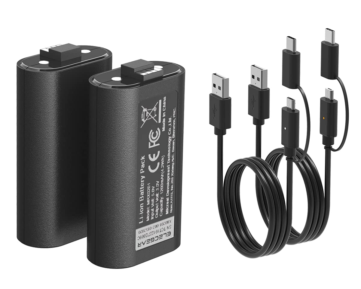 ElecGear Xboxコントローラー用リチウムイオンバッテリーパック、2個1200mAh Li-ion充電式交換用バッテリー電池、2本データおよび充電USBケーブル付き Xbox Series X/SそしてXbox Oneワイヤレスコントローラー用
