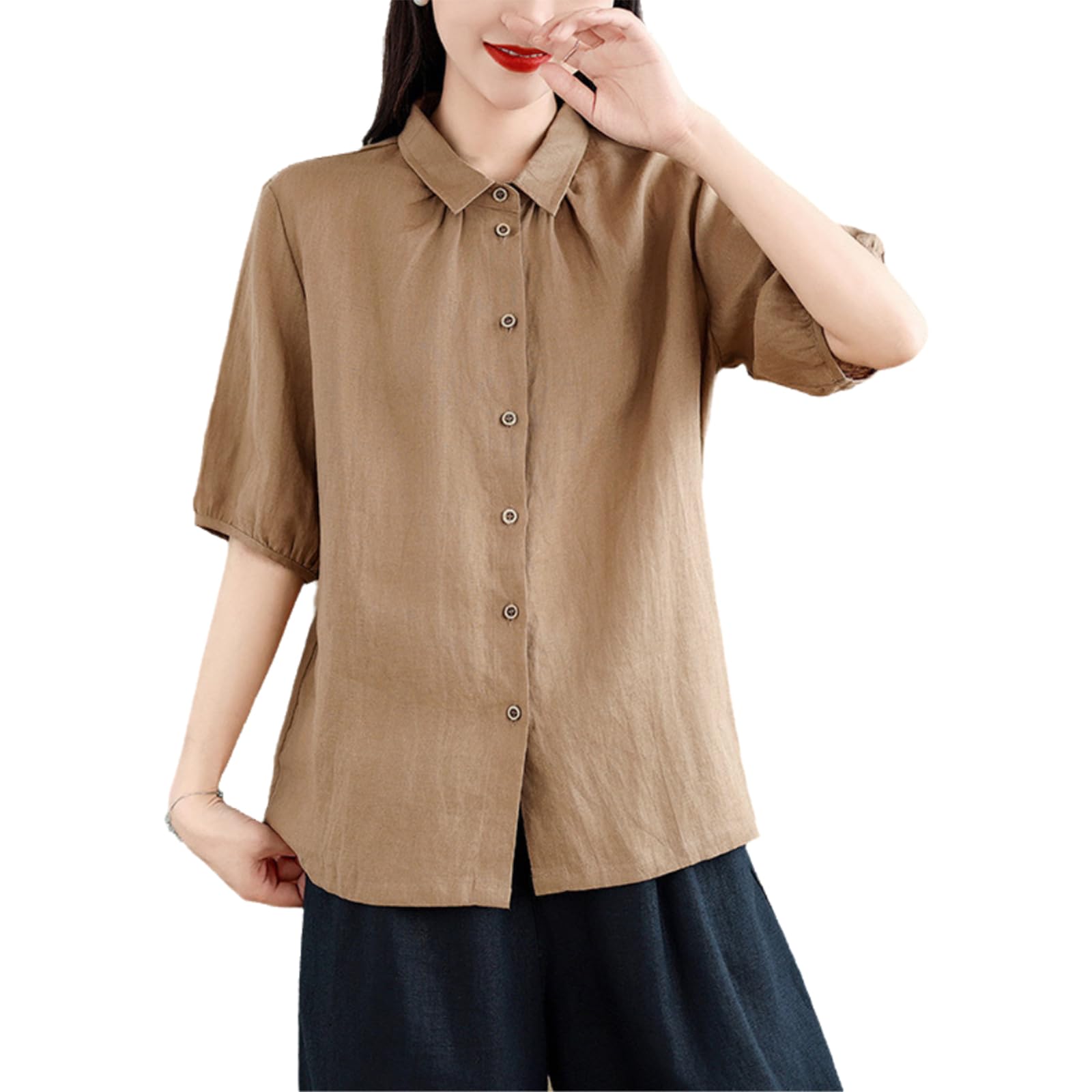 [Blostirno] シャツ レディース 綿麻 半袖 ブラウス 襟付き 薄手 夏 トップス ゆったり 通気性 無地 着痩せ かわいい（JP0110CA-L）