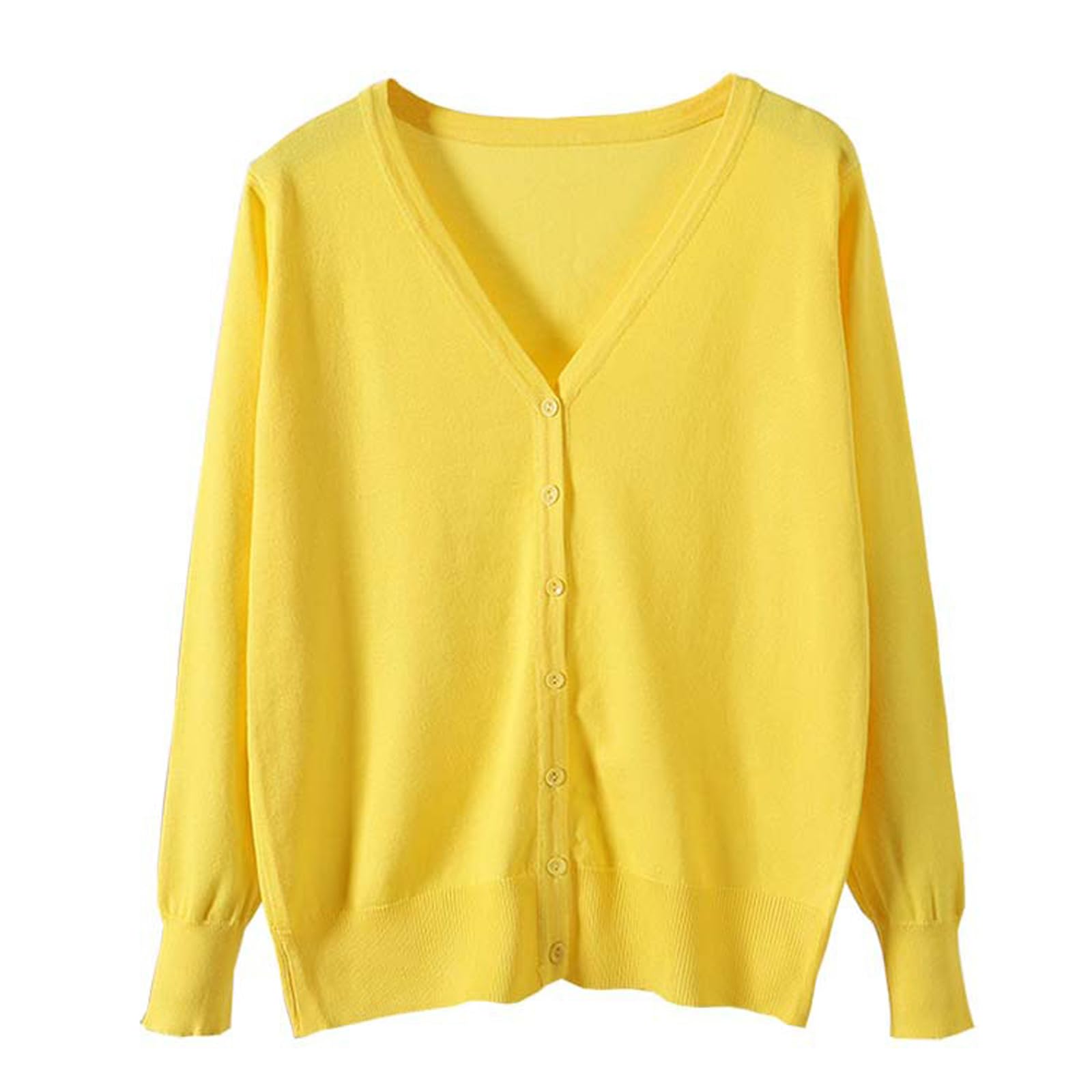 [Blostirno] Vネックカーディガン レディース 長袖 ニット 無地 きれいめ イエロー（JK0822yellow-l）