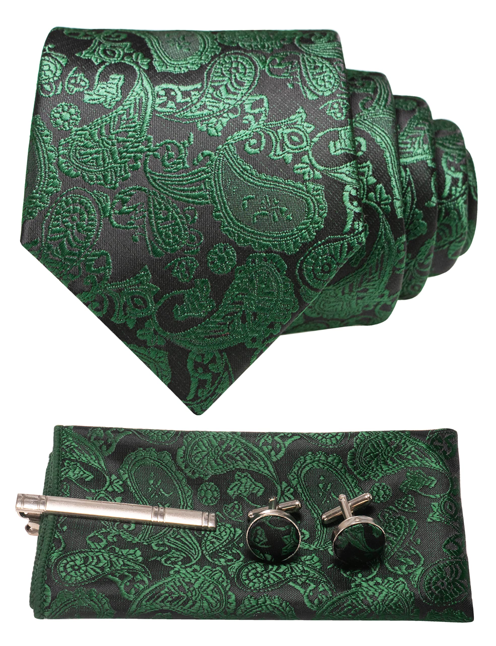 [JEMYGINS] メンズ ネクタイ ペイズリー柄 ピン カフス ボタン チーフ ビジネス 就活 結婚式 入学式 卒業式 二次会 冠婚葬祭 パーティー 父の日 プレゼント ギフトボックス付き,濃い緑色ダークグリーン