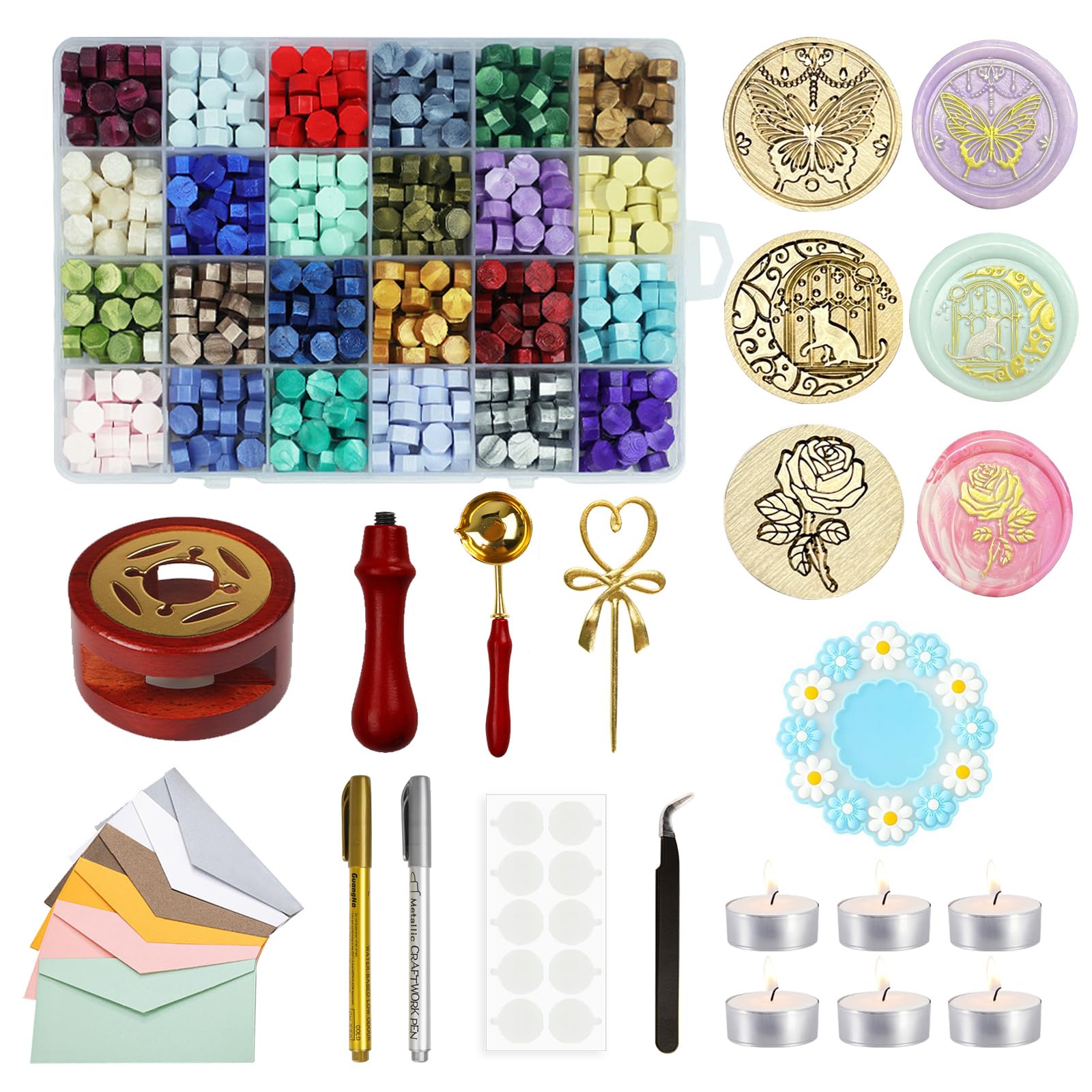 シーリングスタンプ シーリングワック スセット【クラシック色24色セット】ヘッド蝋封 ワックス大量 手紙 便箋 印鑑 封筒 招待状 祝福 告白 祝い 手紙装飾 DIY 24色ワックスビーズ+スプーン+キャンドル+ワックス炉+スタンプ+スタンプ台+両面シールなど15点セット