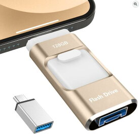 【専用アプリ不要】4in1 Phone対応 USBメモリ128GB 高速 データ バックアップphone写真データ保存iOS/USB/Type-C/Micro USB搭載 大容量 フラッシュメモリ タイプc USBメモリiphone用外付けメモリPhone/Pad/PC/Macbook/Android対応携帯容量不足解消 ゴールド
