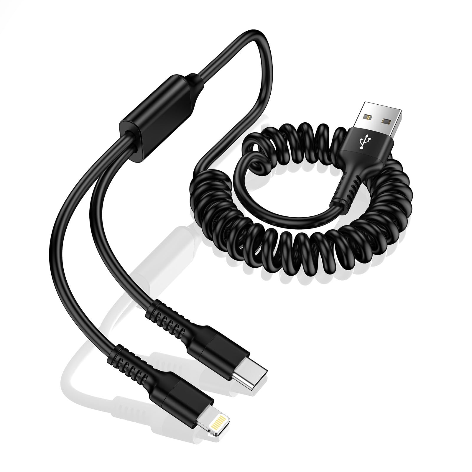 コイル 2in1 充電ケーブル カールコード iPhone 充電ケーブル &USB-C ケーブル MFI認証 iPhone用+Android用 2台同時充電コード 伸縮式 2A 急速充電 車用 ライトニングケーブル GAEF アイフォン マルチ充電 Lightning & タイプC iPhone16/ 15/15 pro,iPhone14/13/12,iPad