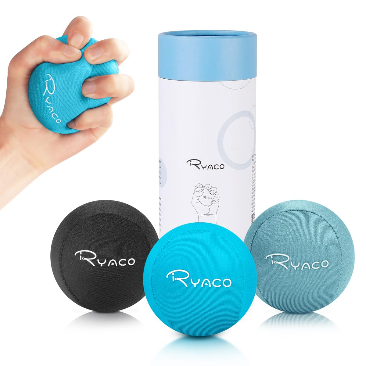 RYACO ストレス解消ボール 握力トレーニング エクササイズボール ハンドグリップ 握力アップ ジェルストレスボール3点セット 大人・子供用 ソフト・ミディアム・ハードボール グリップボール 筋力トレ リハビリ 指の強化 握力回復 筋膜リリース 握力強化ボール(ブラック