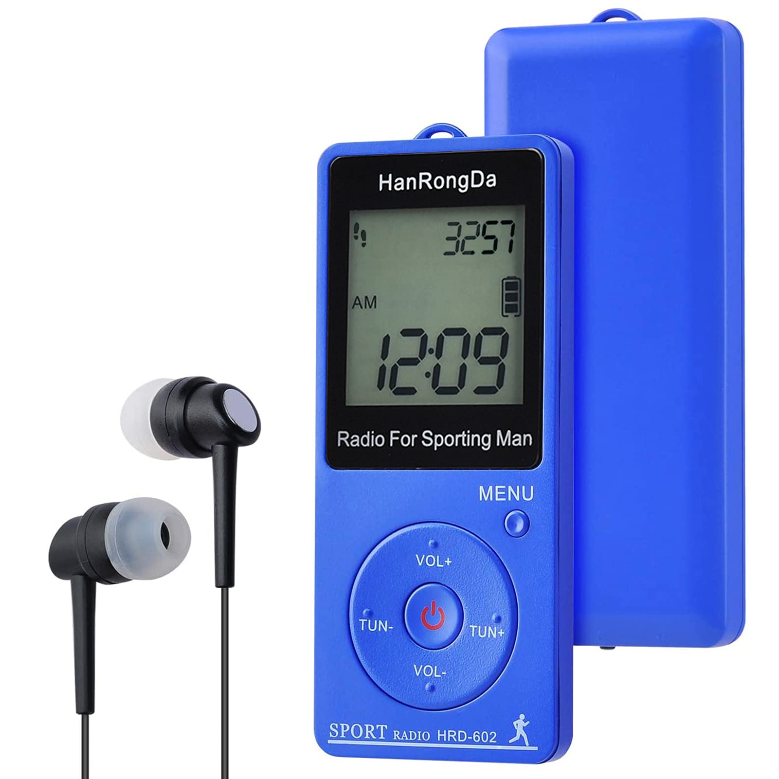HanRongDa 携帯ラジオ 小型歩数計 名刺サイズ 充電式 AM/FM/ワイドFM対応 ステレオ対応 デジタル時計とスリープタイマー機能付き 70局メモリー 通勤 旅行に最適 日本語説明書付属 HRD-602青