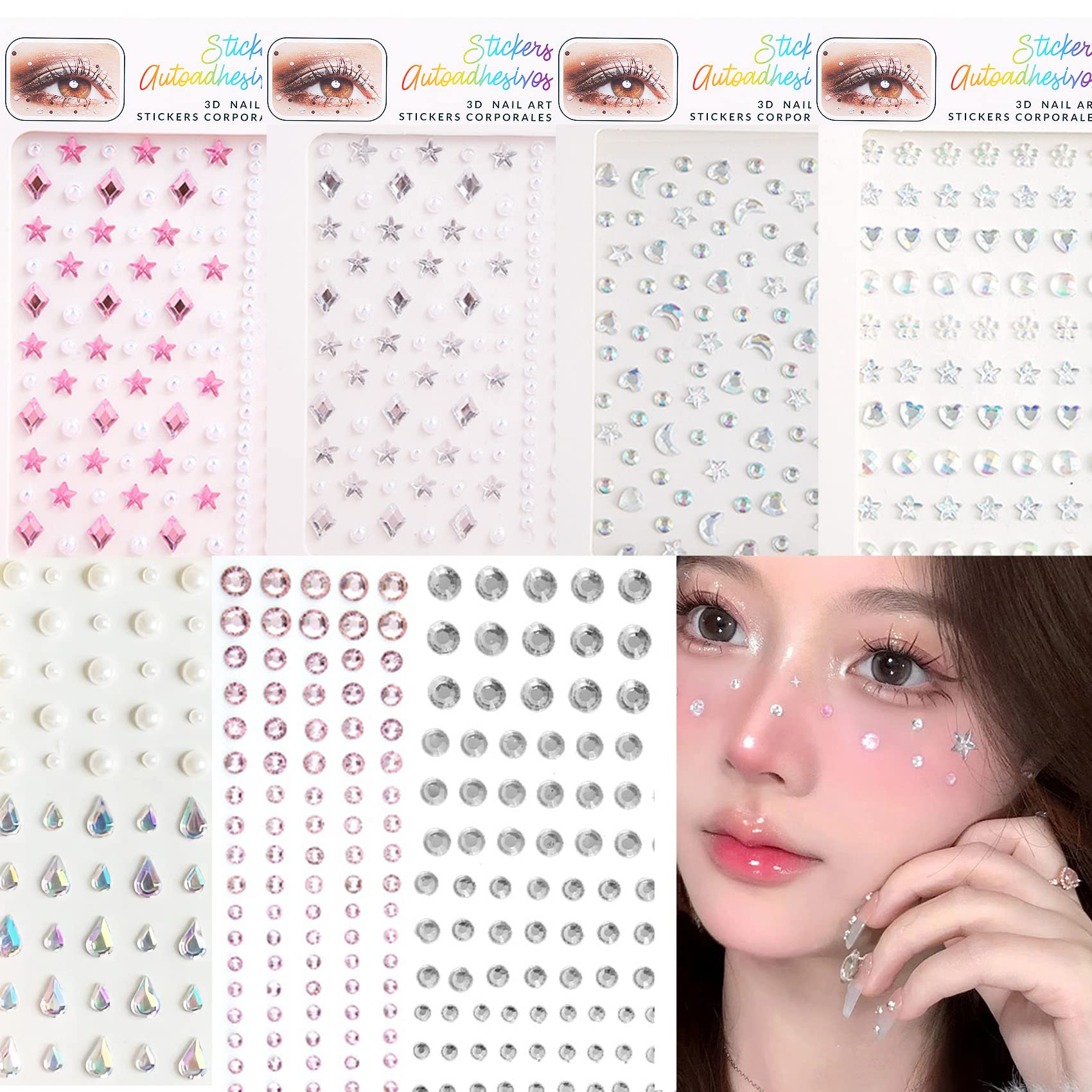 Daisyium 7枚 ラインストーン フェイスシール キラキラ 3D 光る キラキラ シール デコ ラインストーン シール ストーンシール シール ダイヤモンド デコパーツ クリスタル キラキラ フェースステッカー 顔面デコ デコパーツ 貼り付け可能 キラキラ カラフル シール ネイ