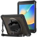 ProCase iPad 9/8/7 ショルダーケース 10.2”肩掛け式 子供用 耐衝撃 半透明カバー ペン収納 360°回転スタンド 手首付き 3層保護 (ブラック)