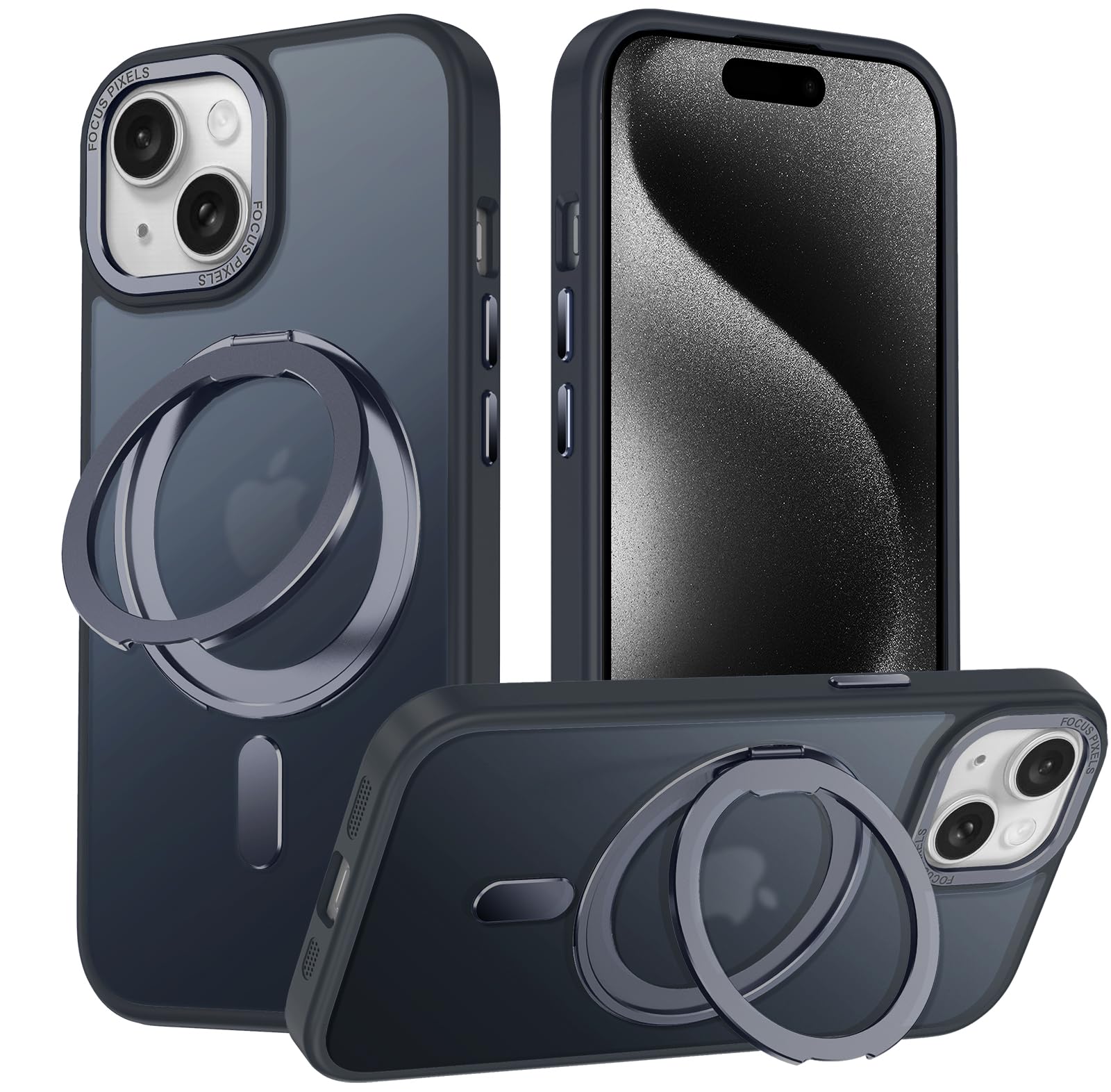 iPhone 14 適用 ケース Magsafe対応 アイフォン14 カバー 360°回転スタンド Uovon スマホケース アイホン14 携帯ケース ワイヤレス充電 車載ホルダー 対応 ストラップ穴付き 半透明 指紋防止 黄?防止 ・ ブラック