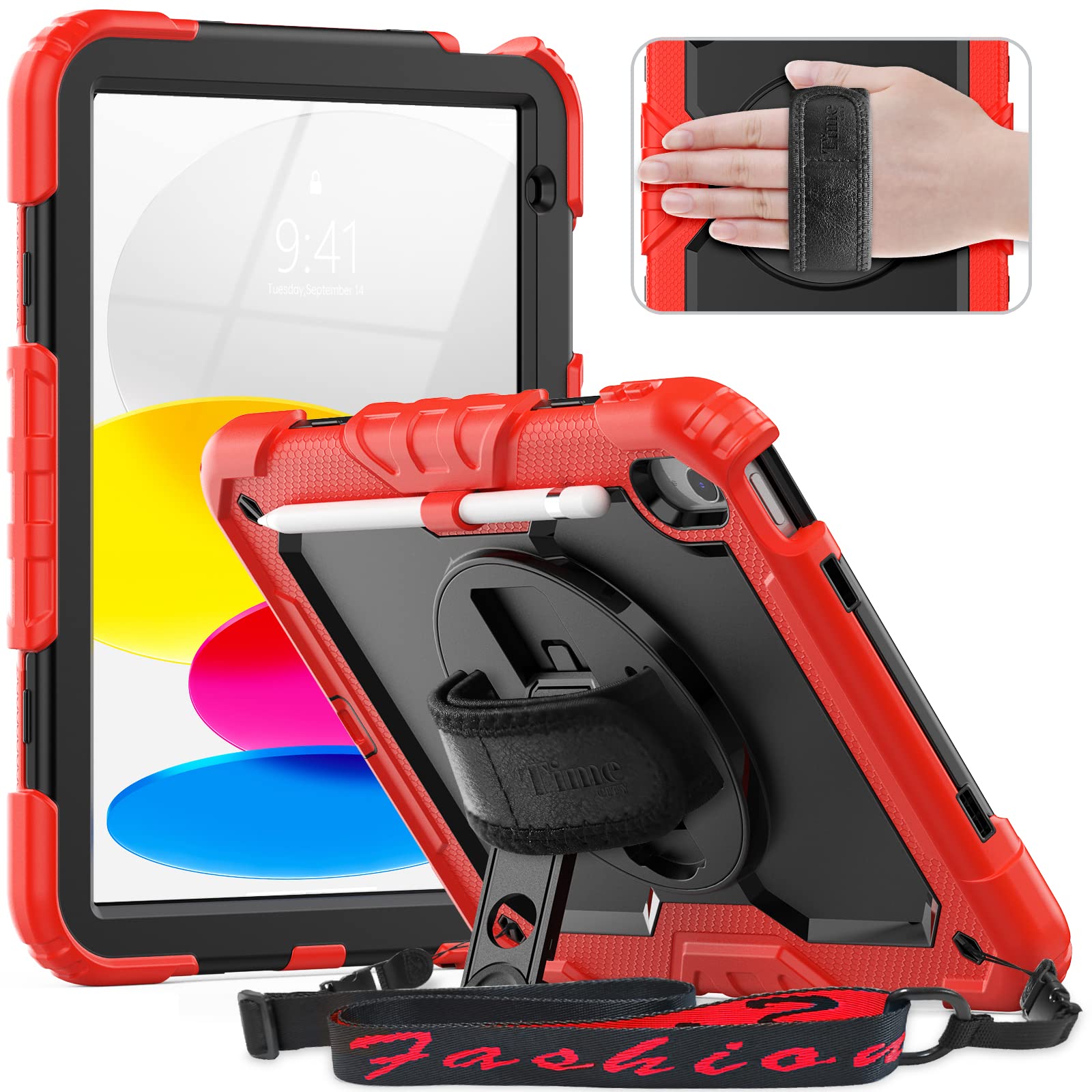 Timecity iPad 第10世代 ケース 2022型 耐衝撃 360回転スタンド 保護フィルム付き ペン収納 ハンドストラップ&ショルダーストラップ付き 傷防止 頑丈 子ども 多機能 仕事 工事 現場 iPad 第十世代 10.9インチ カバー (レッド)