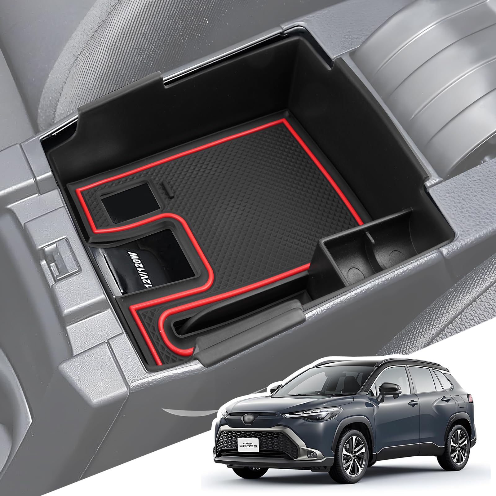 LANGBEAN トヨタ 新型 カローラクロス（2021.9〜現行）専用 コンソールボックス カローラツーリング コンソールボックストレイ 収納ボックス 内装パーツ カスタムパーツ カローラアクセサリー 小物入れ ガタガタ音なし ラバーマット付き 滑り止め (レッド)